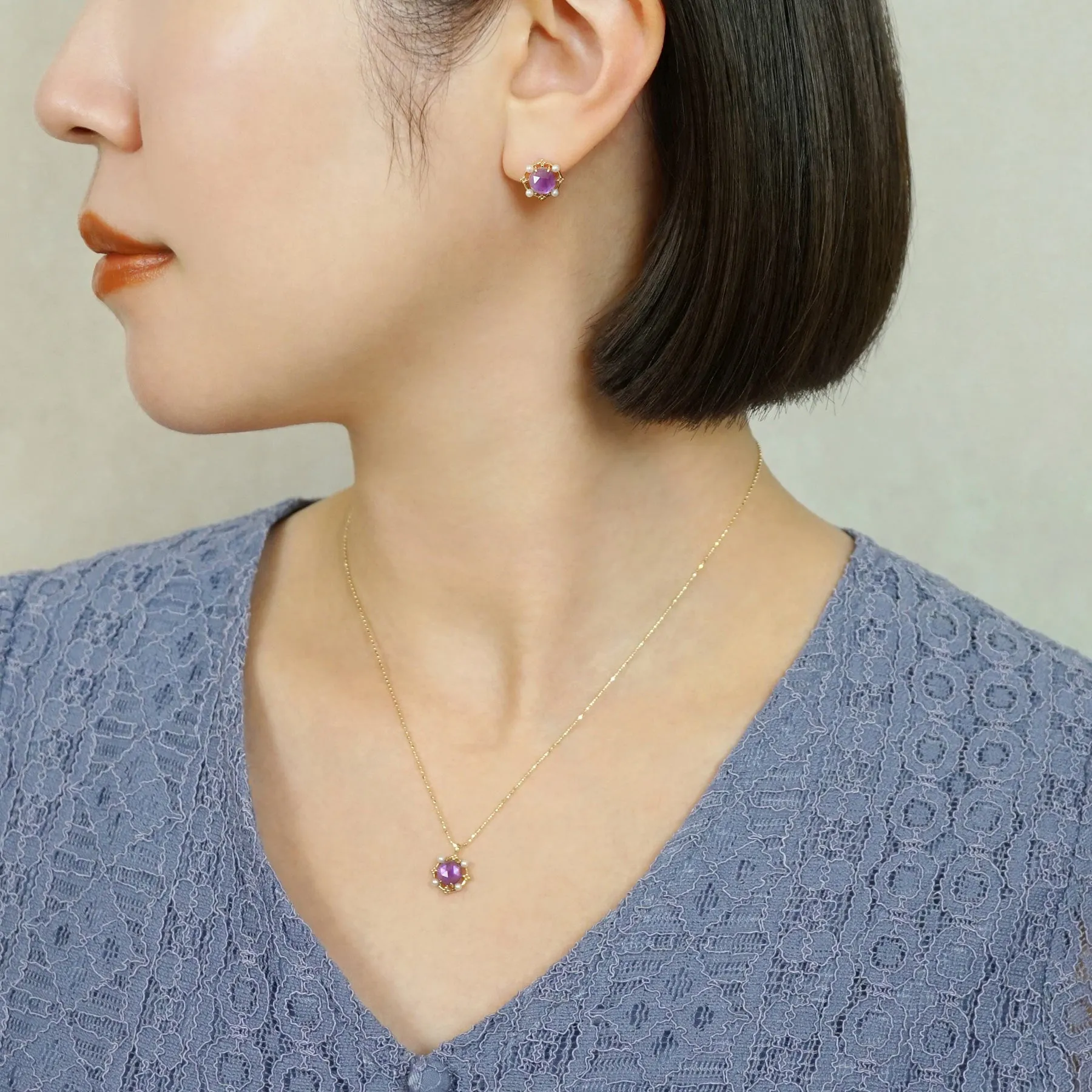 10K Amethyst x Pink Shell Necklace (Yellow Gold)