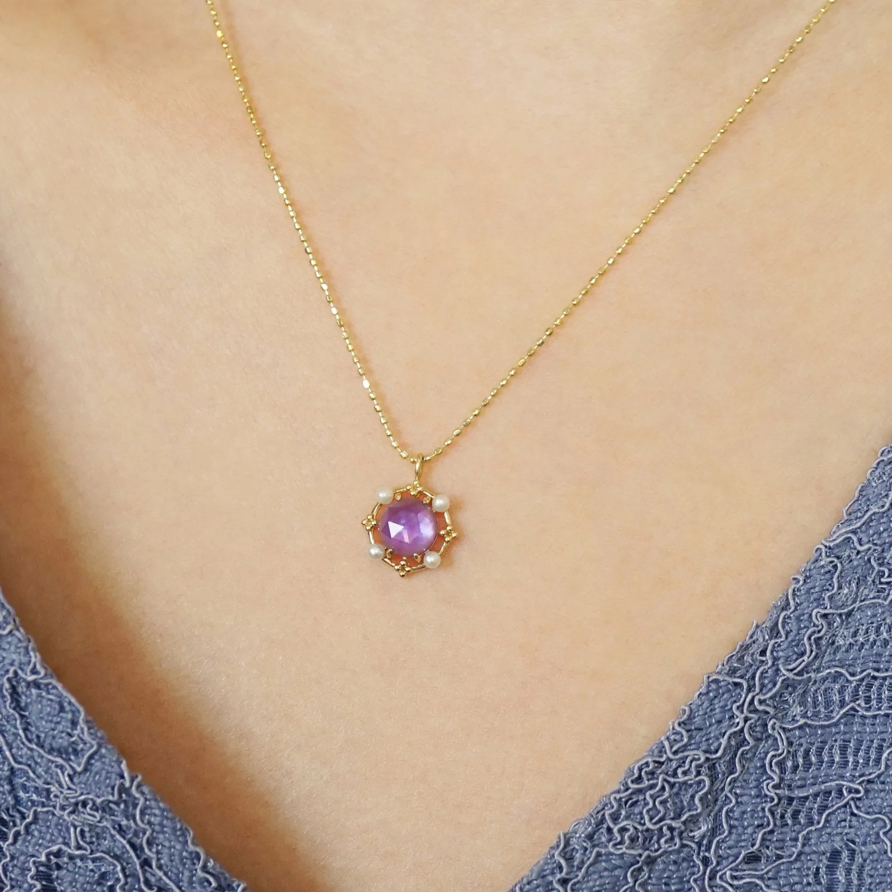 10K Amethyst x Pink Shell Necklace (Yellow Gold)