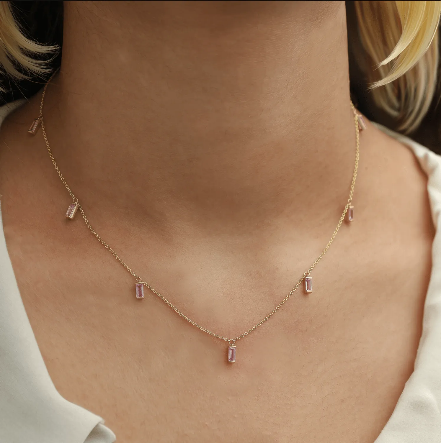14 & 18K Gold Pink Sapphire Baguette Necklace