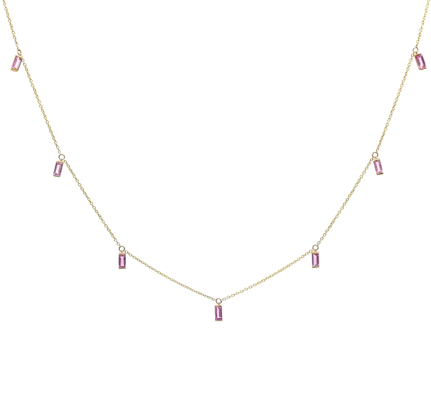14 & 18K Gold Pink Sapphire Baguette Necklace