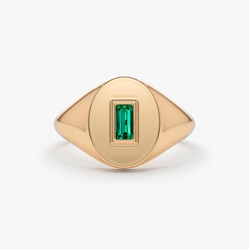 14k Gold Baguette Emerald Signet Ring