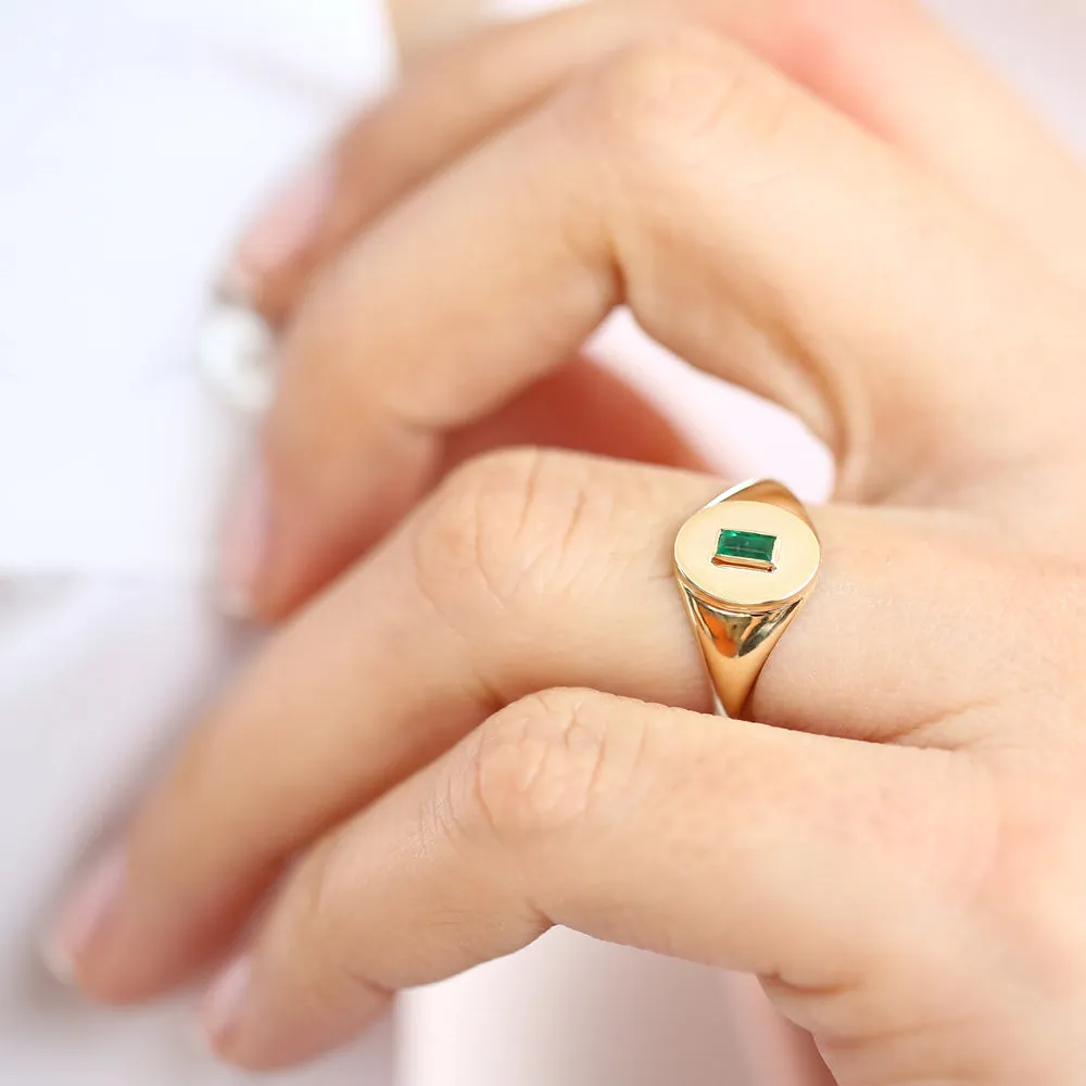14k Gold Baguette Emerald Signet Ring