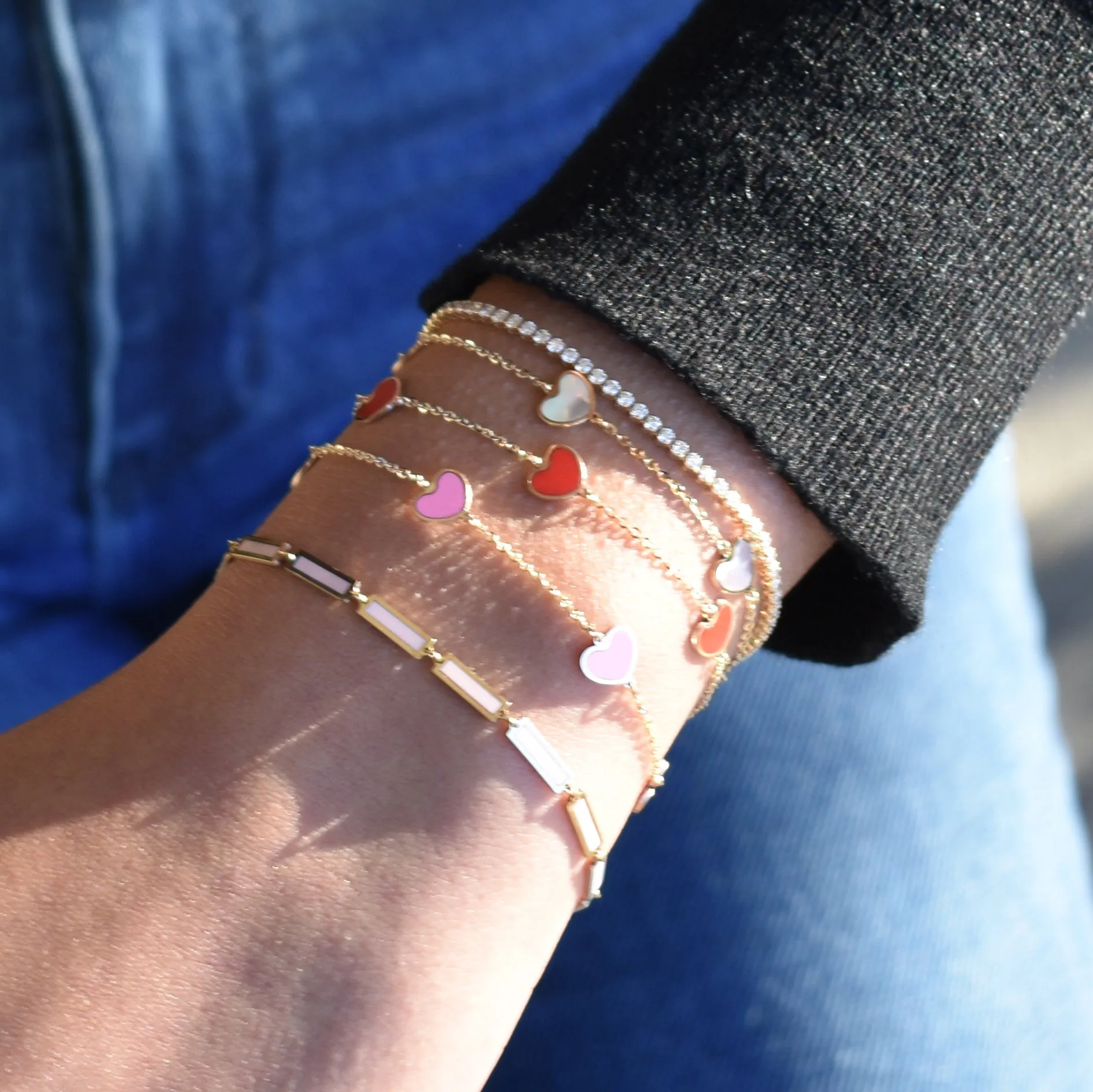 14K Gold Station Heart Coral Bracelet