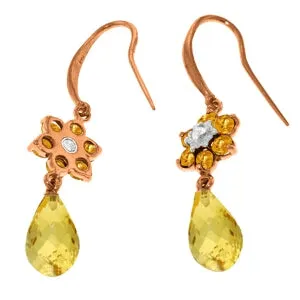 14K Solid Rose Gold Fish Hook Diamond & Citrine Earrings Jewelry
