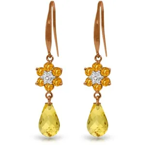 14K Solid Rose Gold Fish Hook Diamond & Citrine Earrings Jewelry