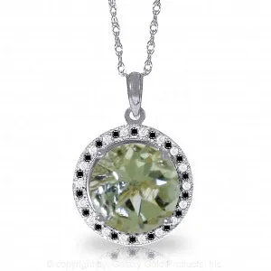 14K Solid White Gold Black / White Diamonds & Green Amethyst Necklace