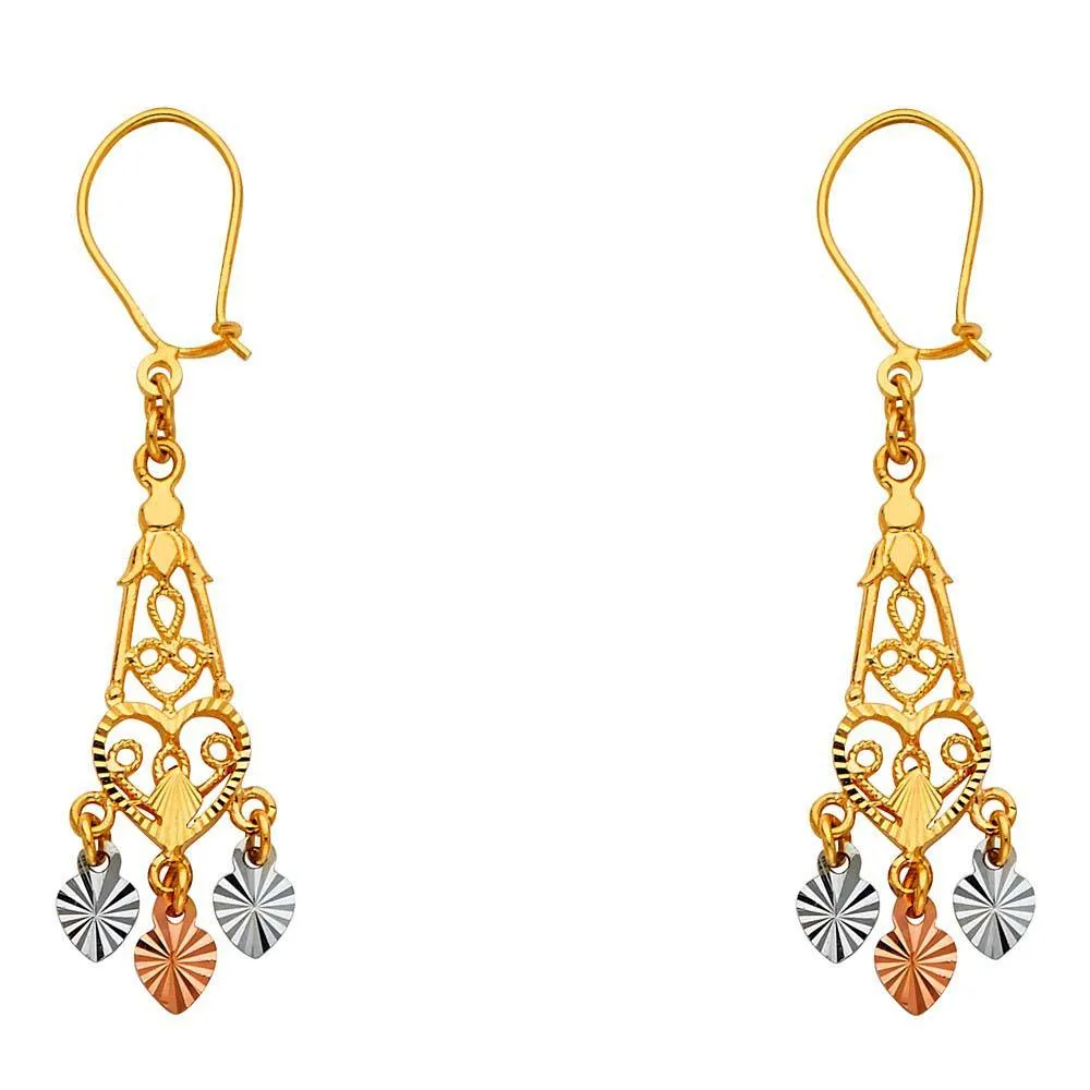 14K Tri Color Gold 7mm DC Chandelier Hanging Earrings