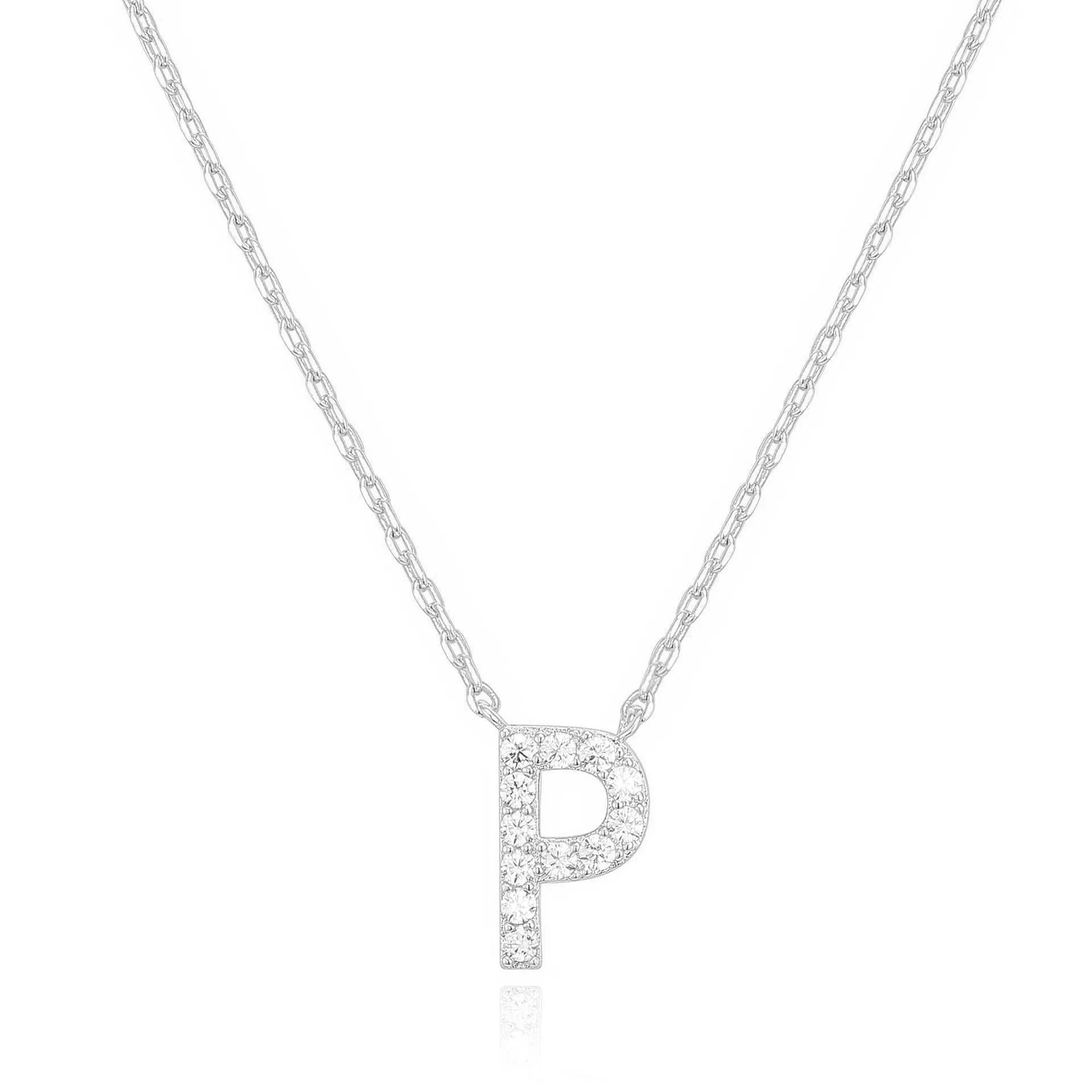 14k White Gold Created White Sapphire Initial P Letter Pendant Necklace Plated