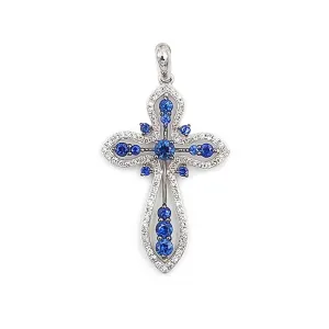 14K White Gold Diamond and Sapphire Cross Pendant Necklace