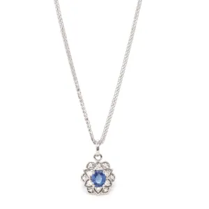 14k White Gold Natural Blue Sapphire Flower Necklace With Diamond