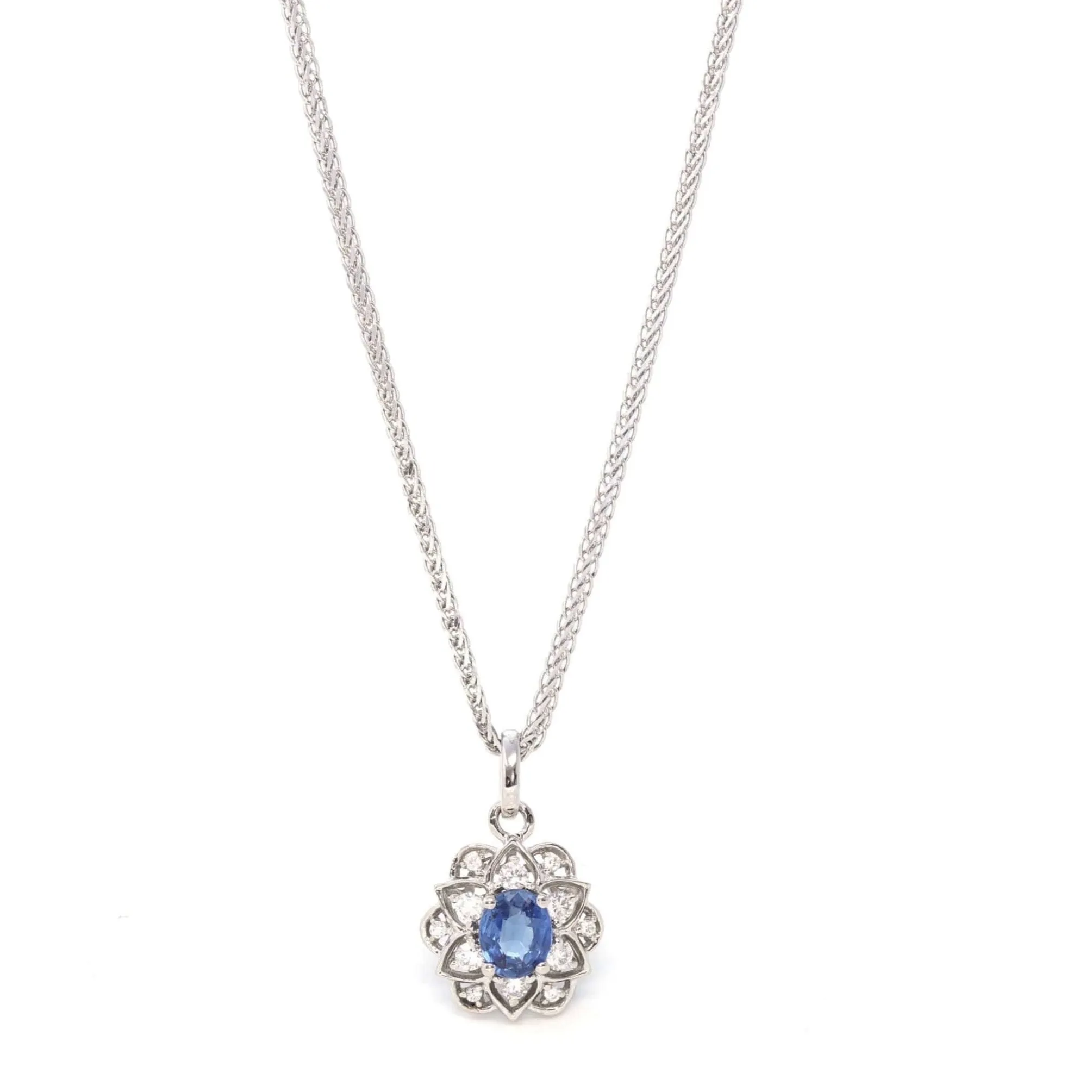 14k White Gold Natural Blue Sapphire Flower Necklace With Diamond