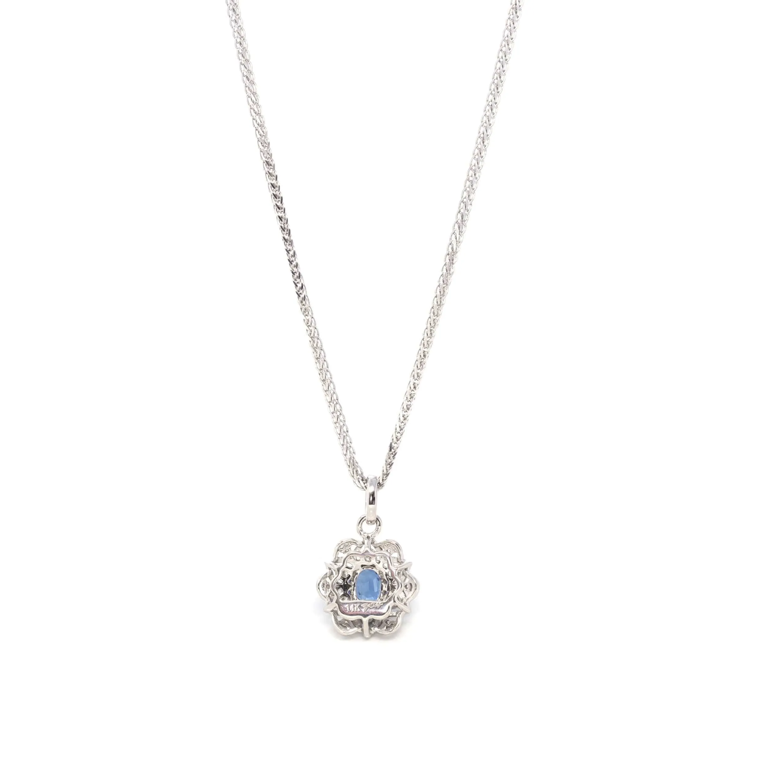 14k White Gold Natural Blue Sapphire Flower Necklace With Diamond