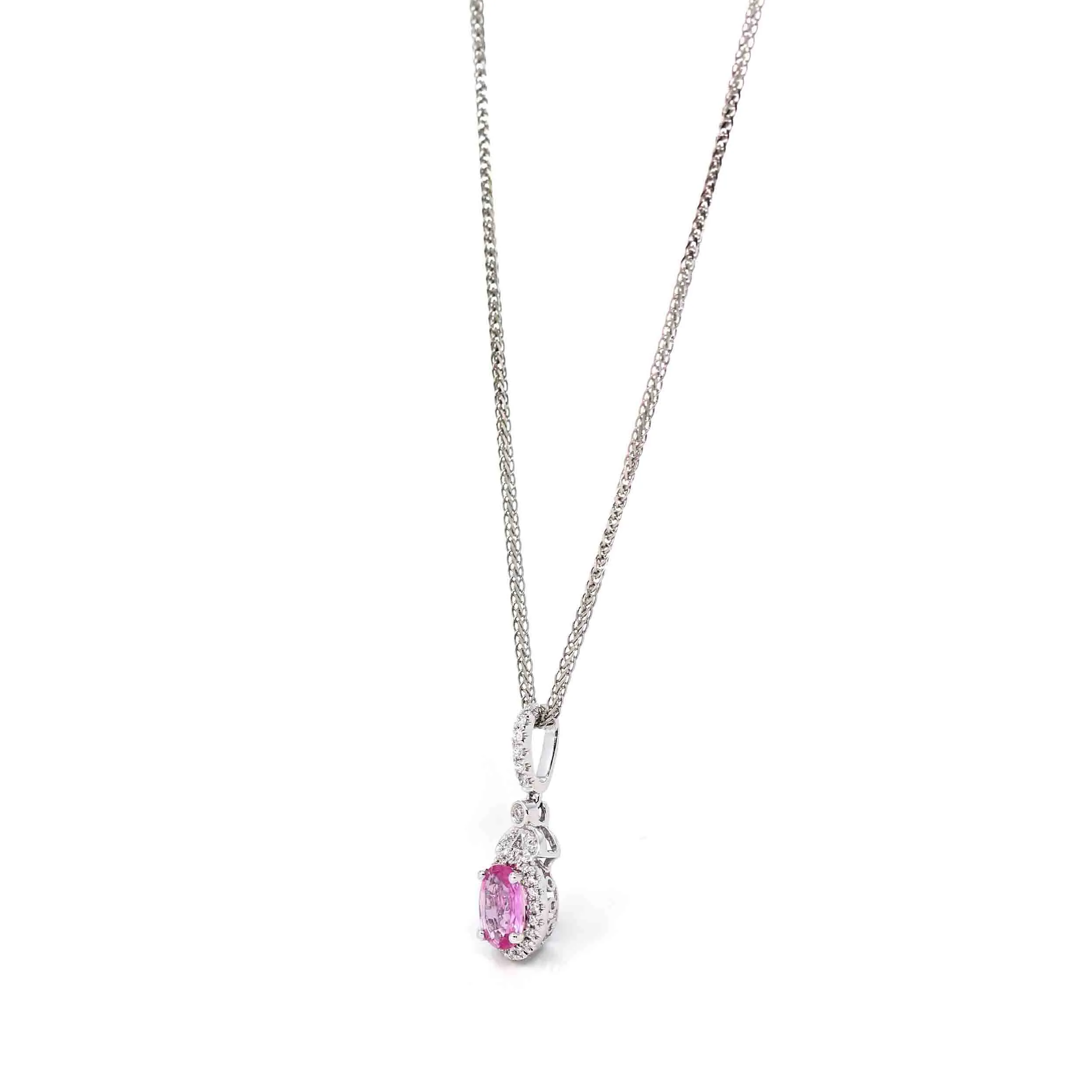14k White Gold Natural Oval Sapphire Necklace With Diamonds Halo