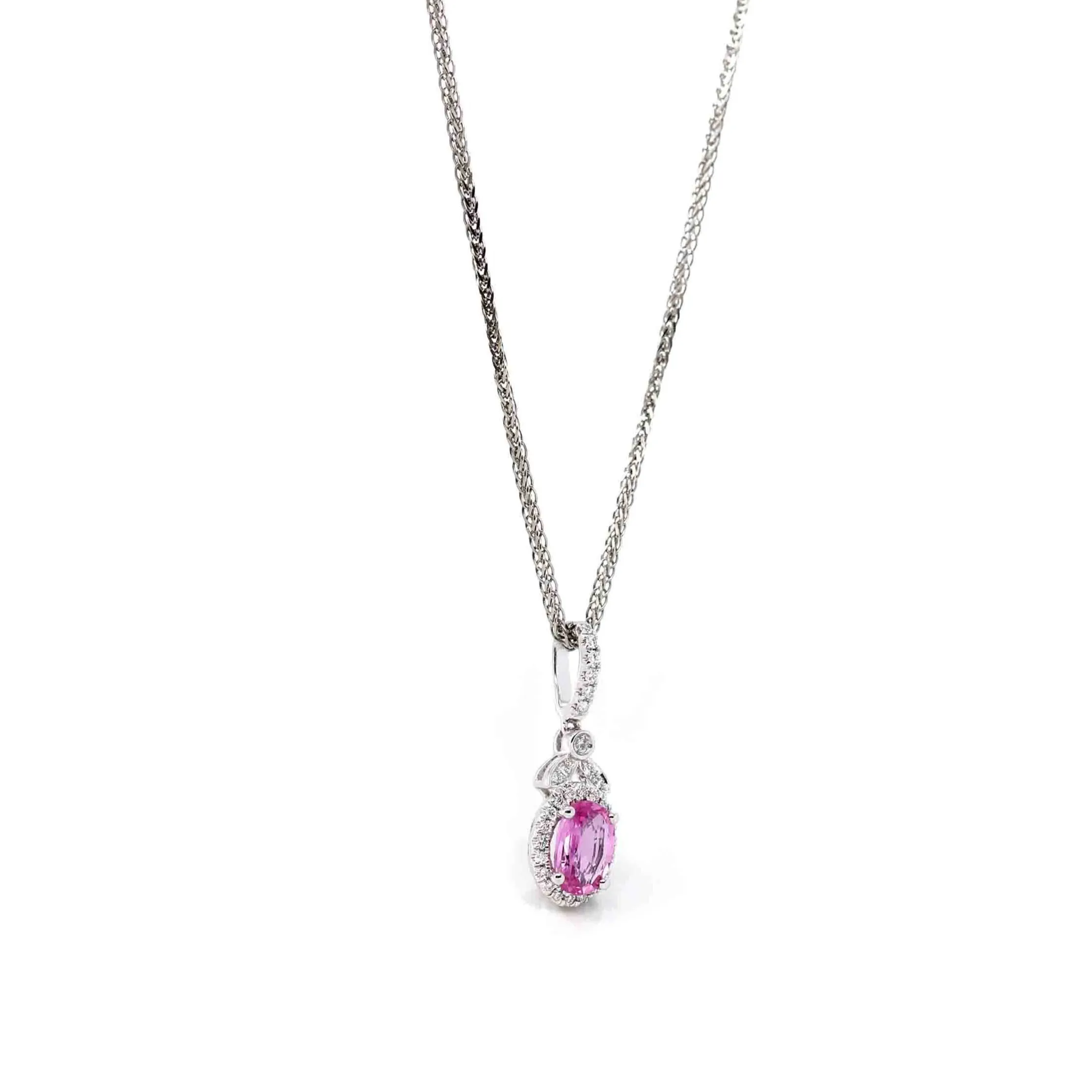 14k White Gold Natural Oval Sapphire Necklace With Diamonds Halo