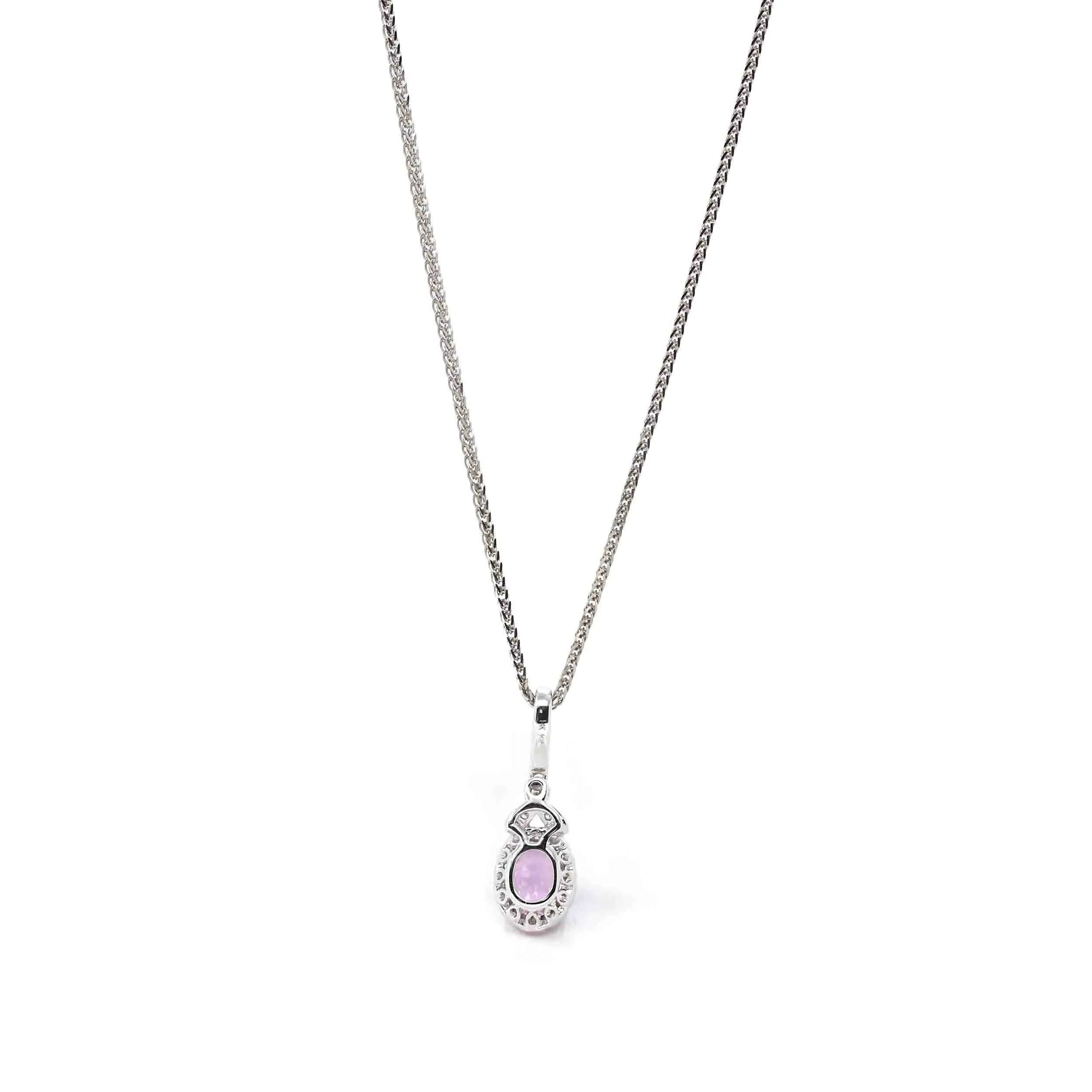 14k White Gold Natural Oval Sapphire Necklace With Diamonds Halo