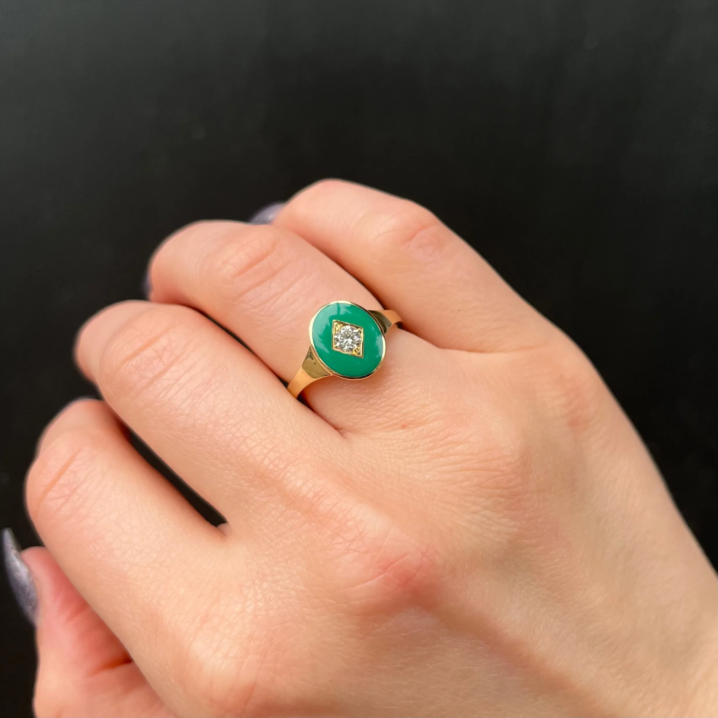 14k Yellow Gold 0.23 Carat Diamond and Enamel Signet Ring