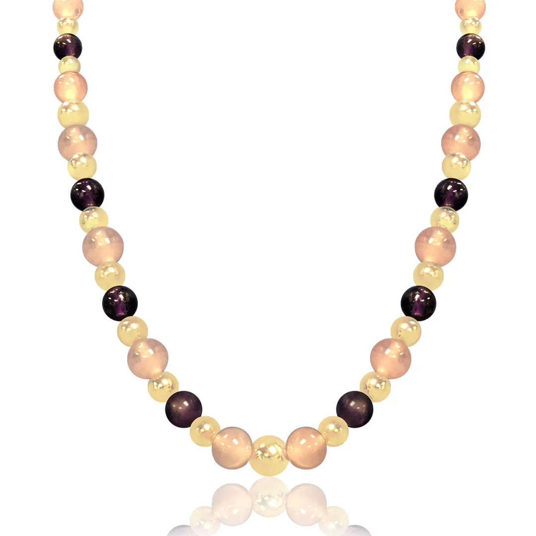 14K Yellow gold beaded necklace with amethyst and rose quartz