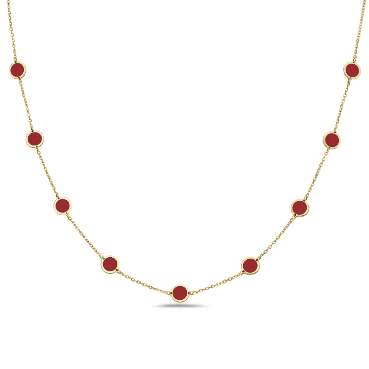 14k Yellow Gold Coral Circle Station Necklace (I8434)