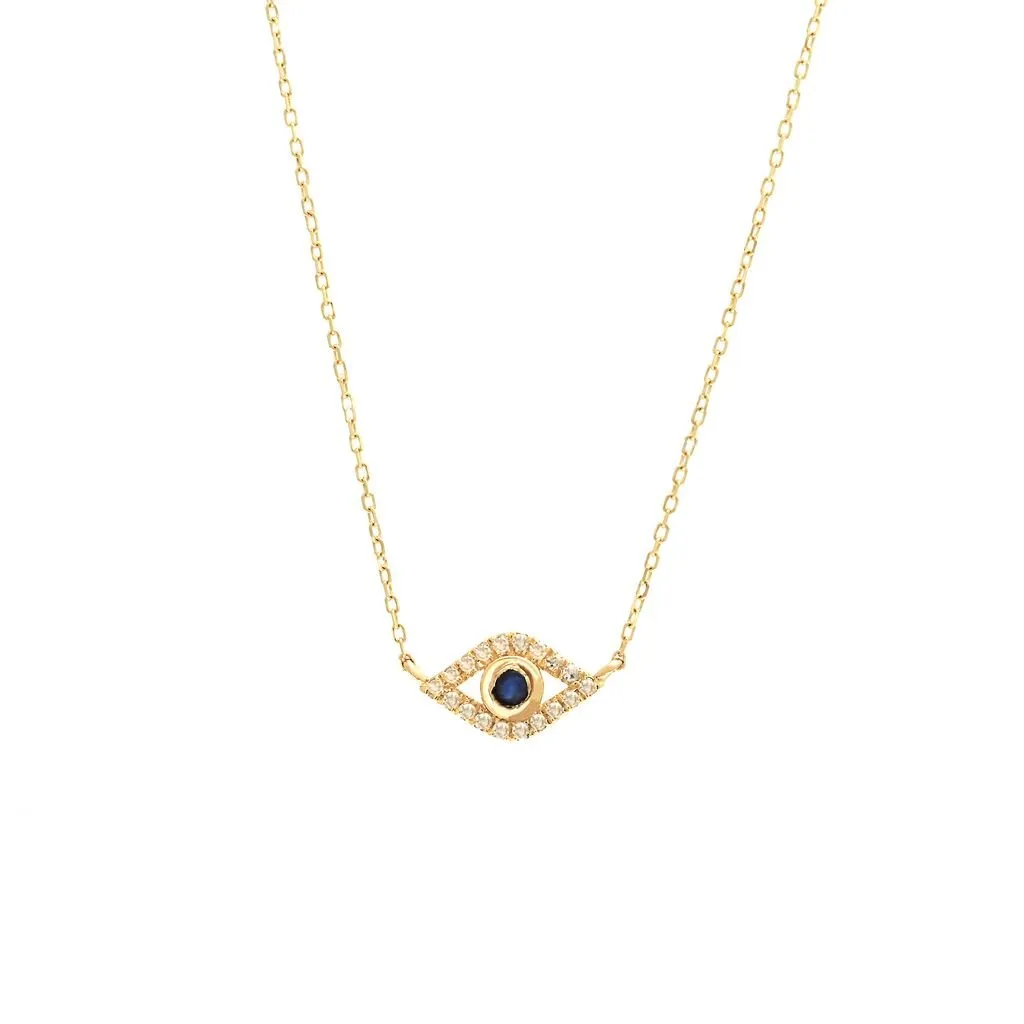 14K Yellow Gold Eye Round Bezel Sapphire Necklace