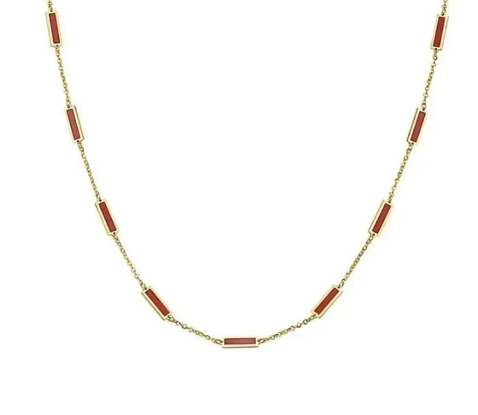 14k Yellow Gold Rectangle Coral Station Necklace (I8081)