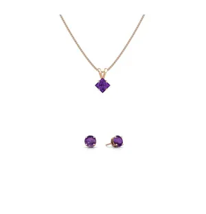 18K Rose Gold 4ct Amethyst Square 18 Inch Necklace and Round Earrings Set Plated