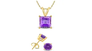 18K Yellow Gold 4ct Amethyst Square 18 Inch Necklace and Round Earrings Set Plated