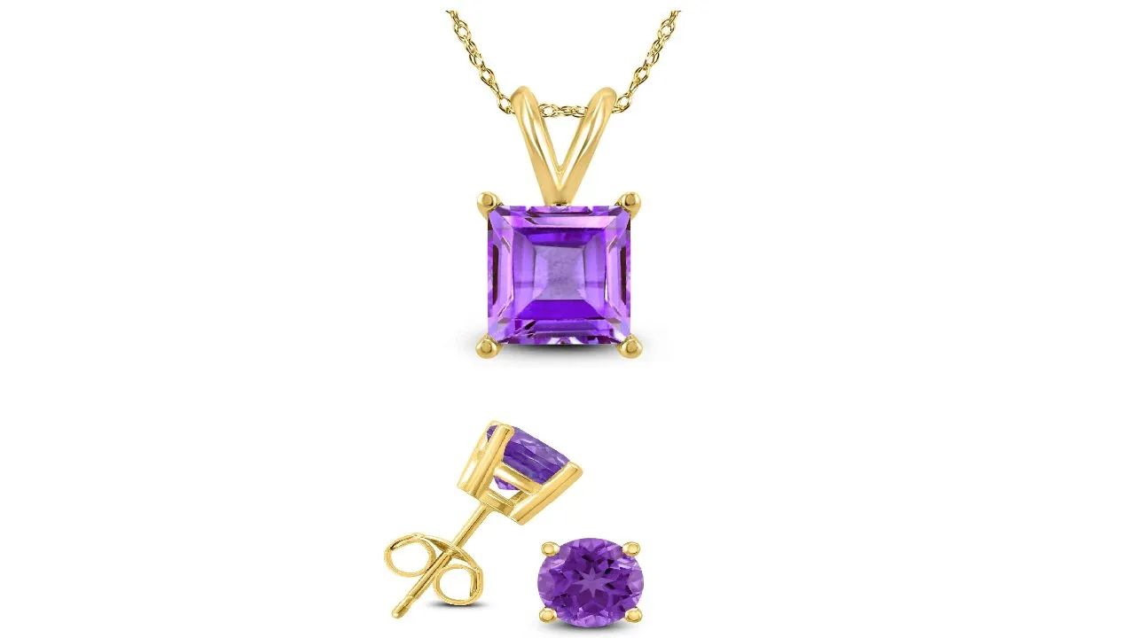 18K Yellow Gold 4ct Amethyst Square 18 Inch Necklace and Round Earrings Set Plated