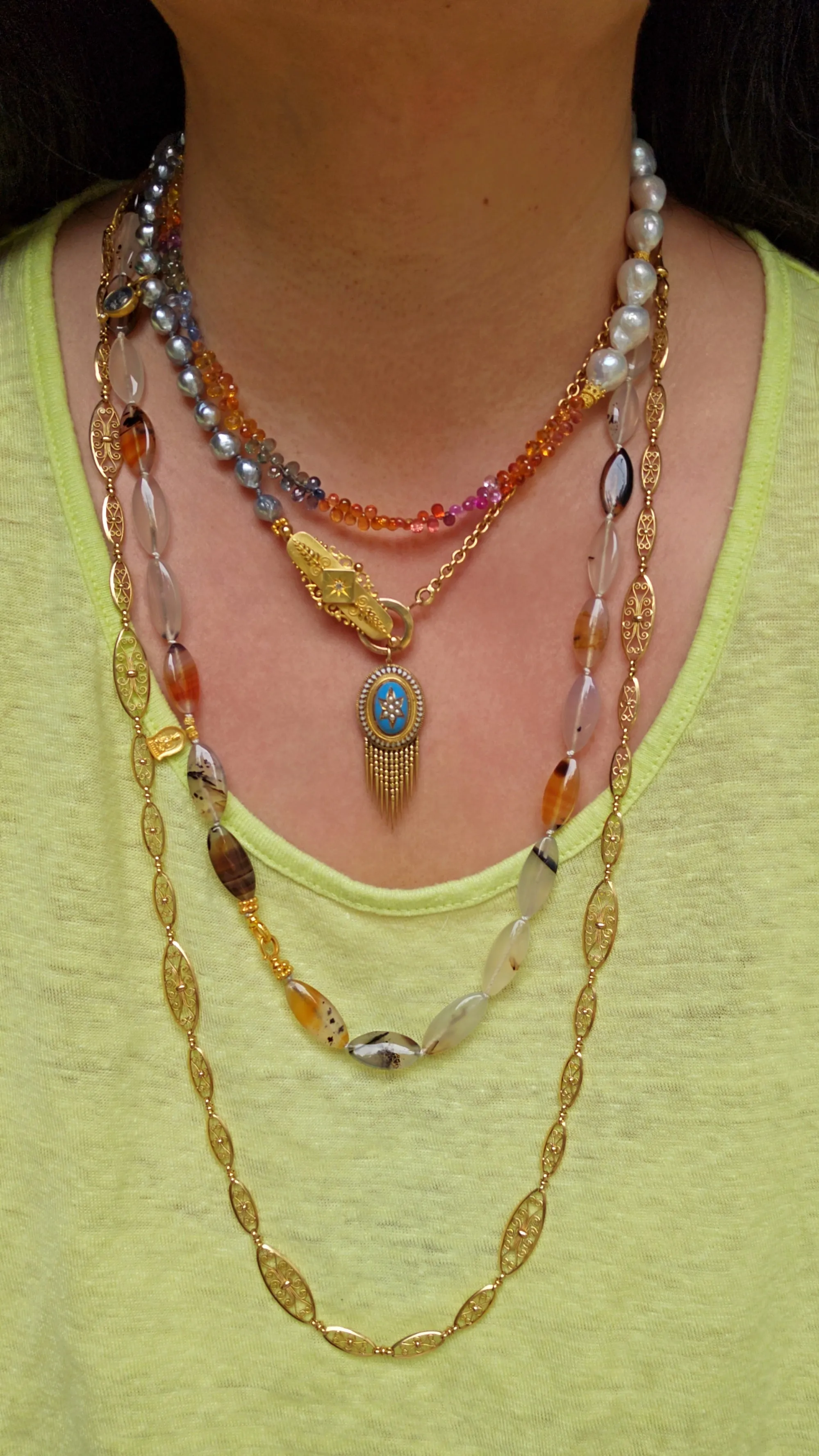 18k Yellow Gold Multicolor Fancy Sapphire Freshwater Baroque Pearl Gemstone Halfsie Necklace 19"