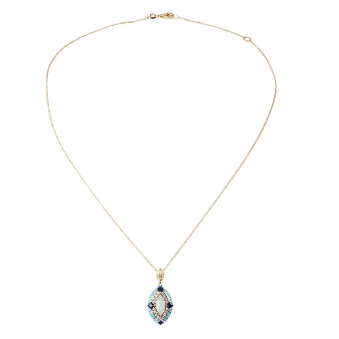 18K Yellow Gold Opal Sapphire and Turquoise Oval Pendant Necklace