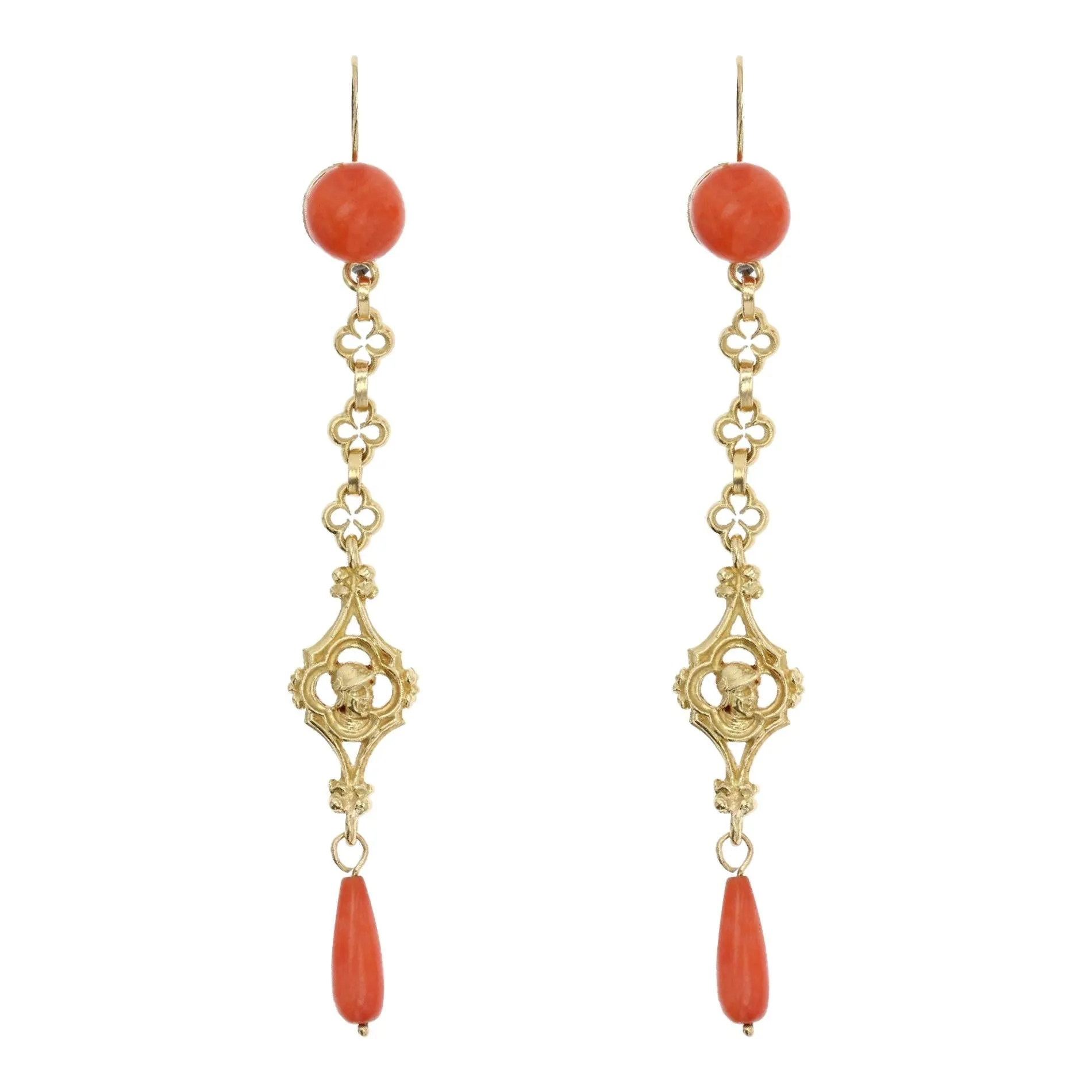 19th Century Coral 18 Karat Yellow Gold Dangle Earrings