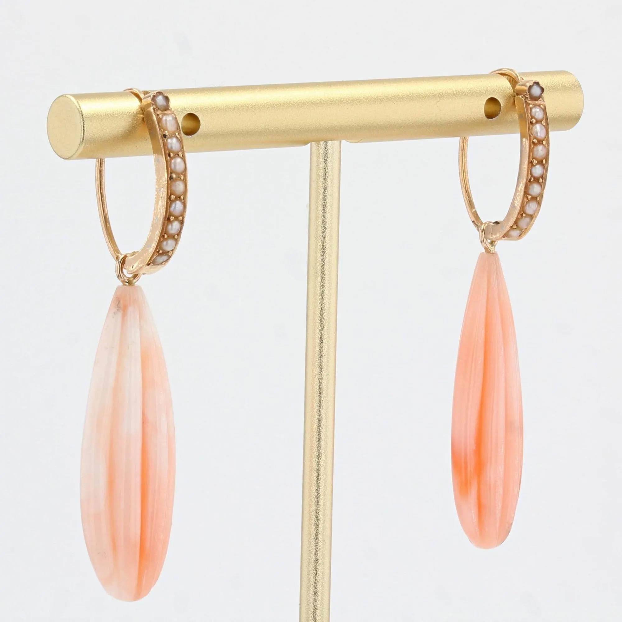 19th Century Natural Pearl Angel Skin Coral 18 Karat Rose Gold Dangle Earrings
