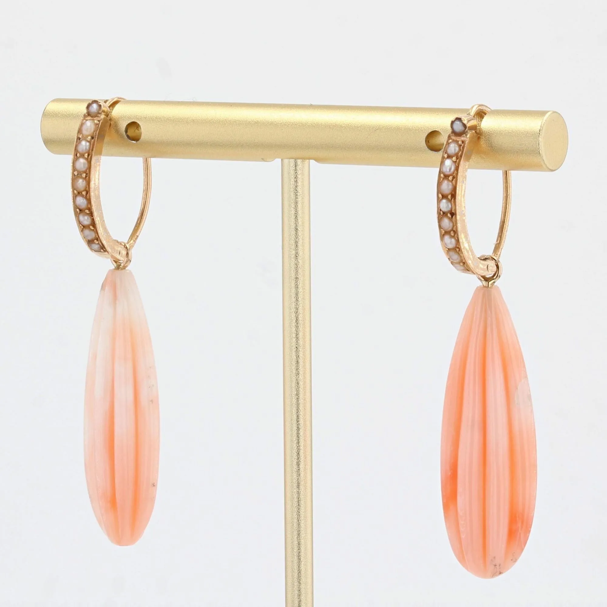 19th Century Natural Pearl Angel Skin Coral 18 Karat Rose Gold Dangle Earrings