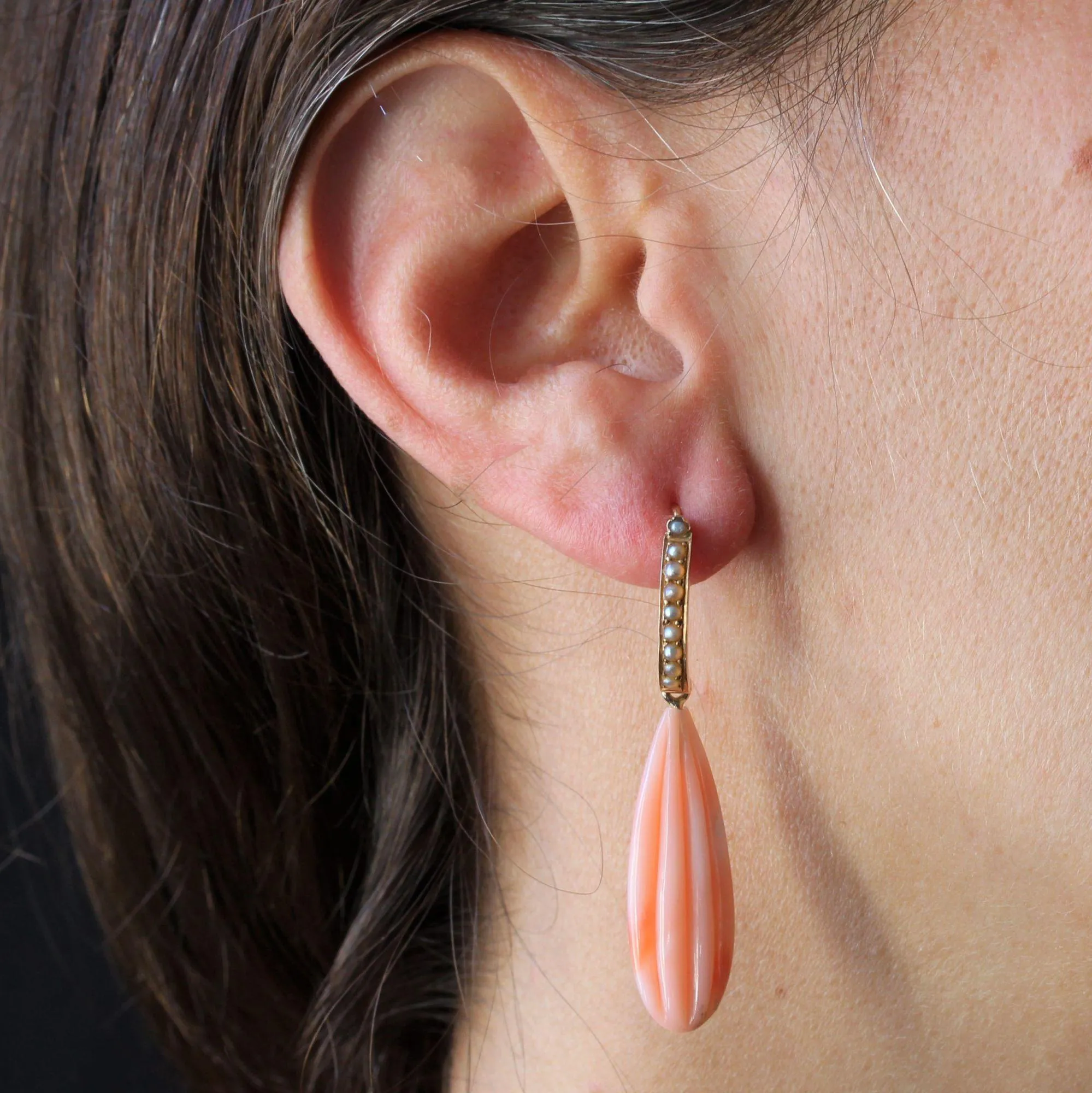 19th Century Natural Pearl Angel Skin Coral 18 Karat Rose Gold Dangle Earrings