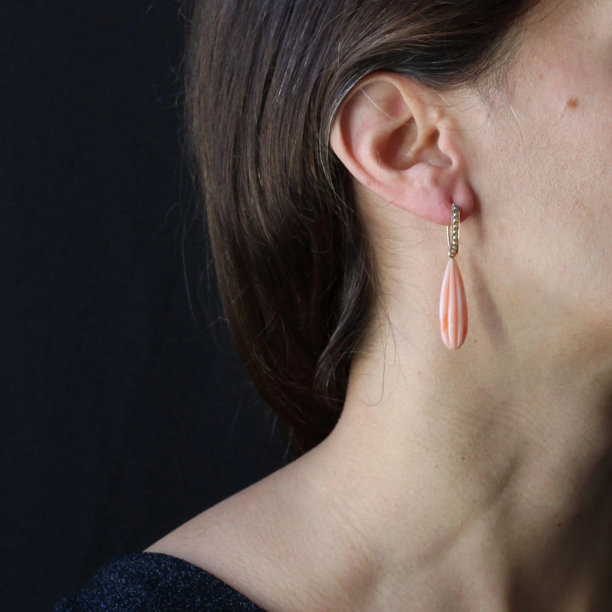 19th Century Natural Pearl Angel Skin Coral 18 Karat Rose Gold Dangle Earrings