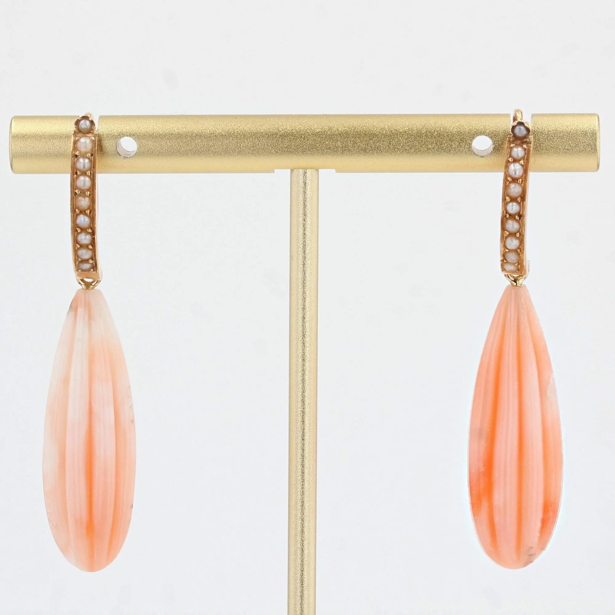 19th Century Natural Pearl Angel Skin Coral 18 Karat Rose Gold Dangle Earrings