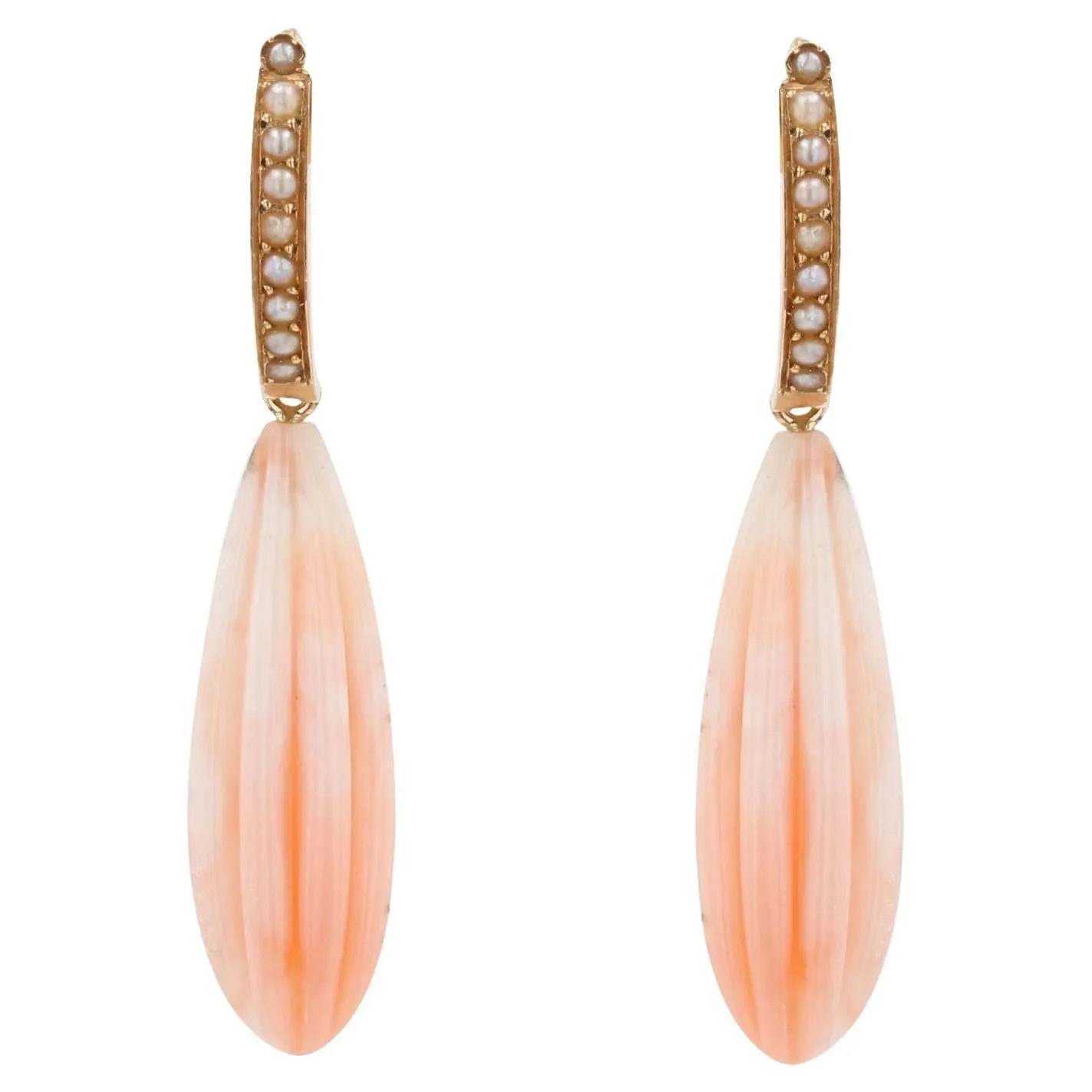19th Century Natural Pearl Angel Skin Coral 18 Karat Rose Gold Dangle Earrings