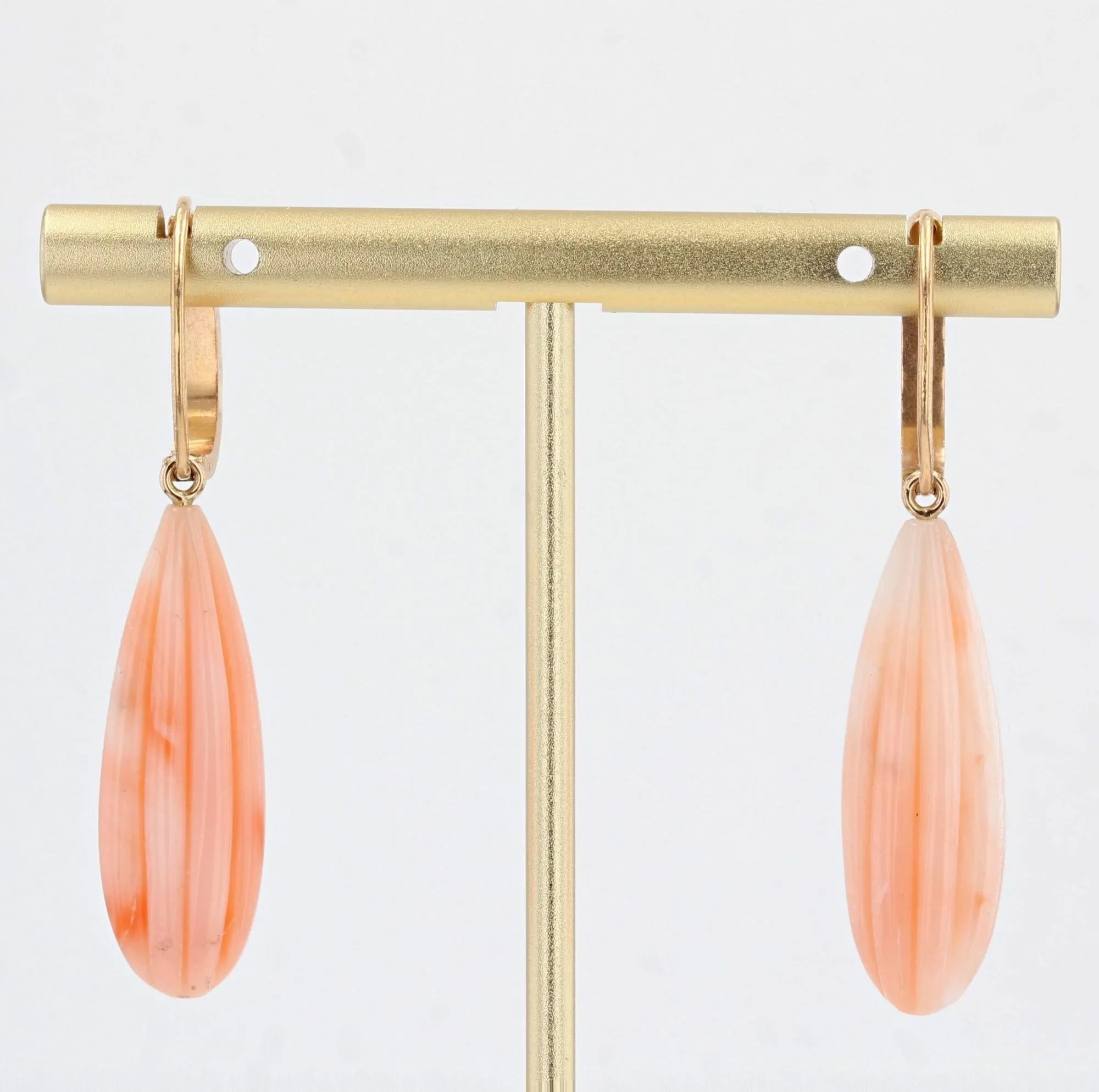 19th Century Natural Pearl Angel Skin Coral 18 Karat Rose Gold Dangle Earrings