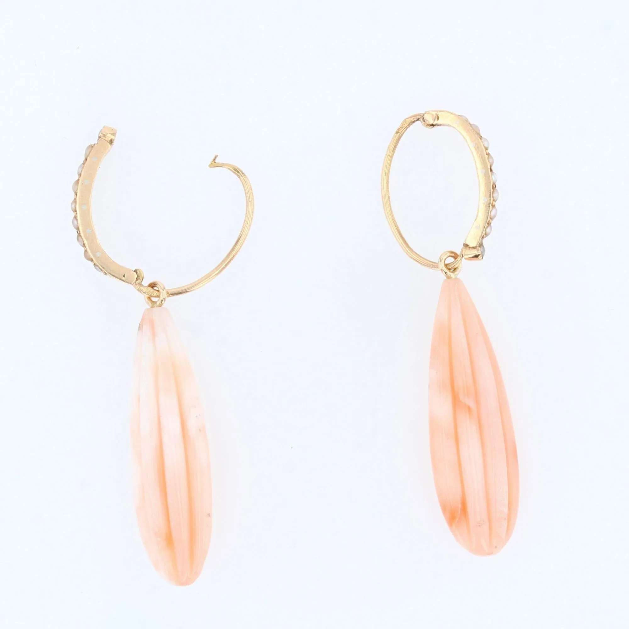 19th Century Natural Pearl Angel Skin Coral 18 Karat Rose Gold Dangle Earrings