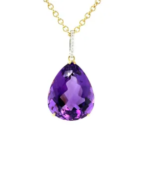 40 Carat Pear Shape Amethyst and Diamond Pendant in 18k Yellow Gold with Chain