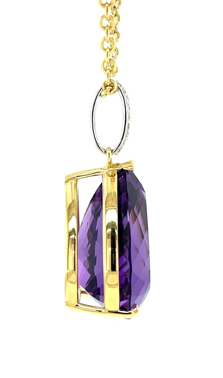 40 Carat Pear Shape Amethyst and Diamond Pendant in 18k Yellow Gold with Chain