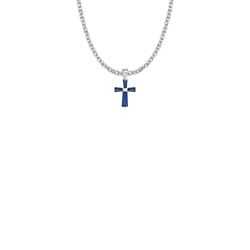 5/8 Inch Sterling Silver and Glass Crystal First Communion September Birthstone Baguette Cross Necklace
