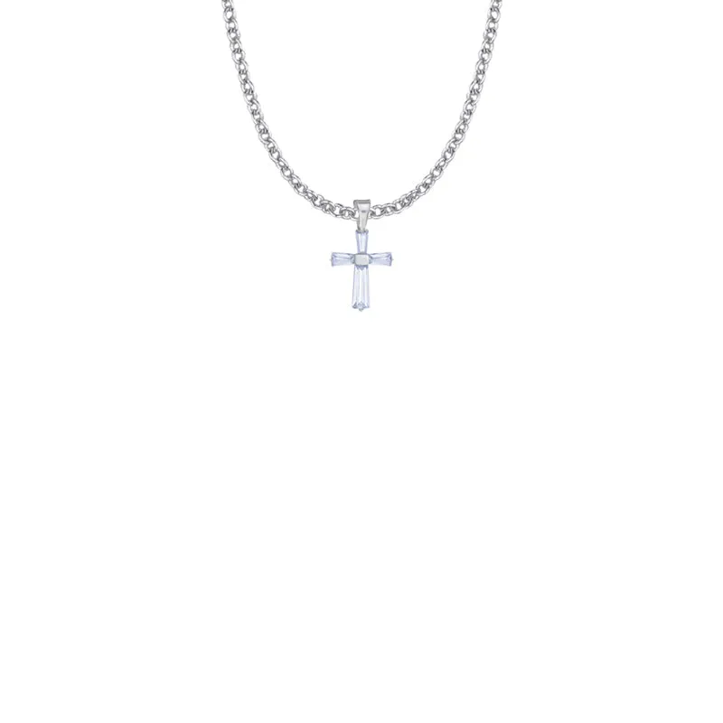 5/8 Inch Sterling Silver and Glass Crystal June Birthstone Baguette Cross Necklace