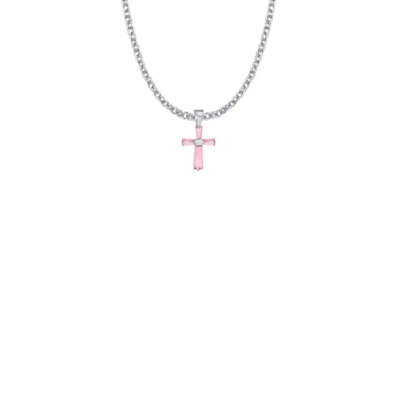 5/8 Inch Sterling Silver and Glass Crystal October Birthstone Baguette Cross Necklace