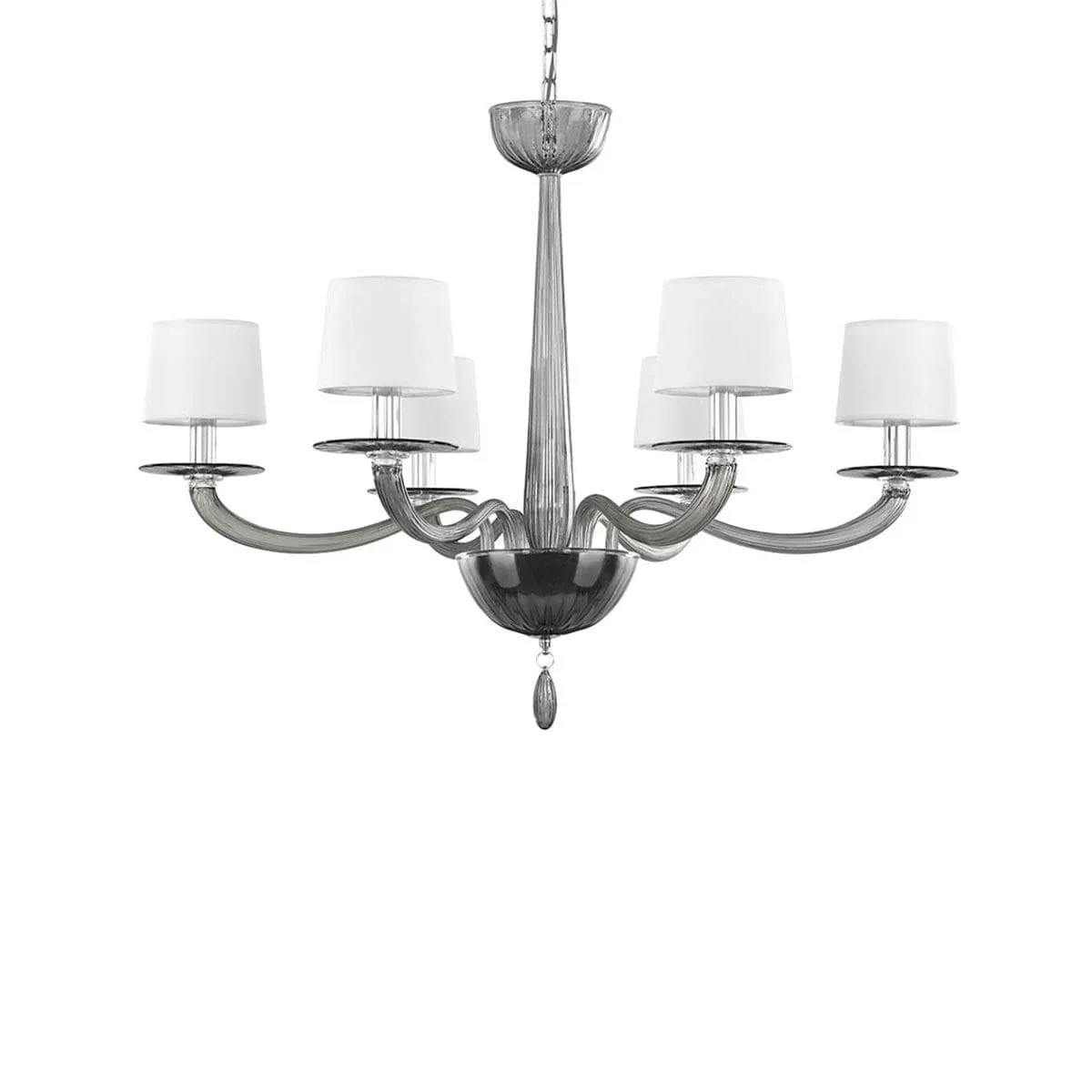 6 Light Smoke Grey Murano Glass Chandelier with White Lampshades