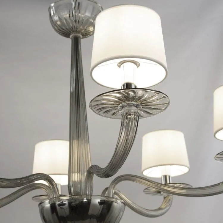 6 Light Smoke Grey Murano Glass Chandelier with White Lampshades