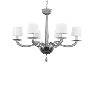 6 Light Smoke Grey Murano Glass Chandelier with White Lampshades