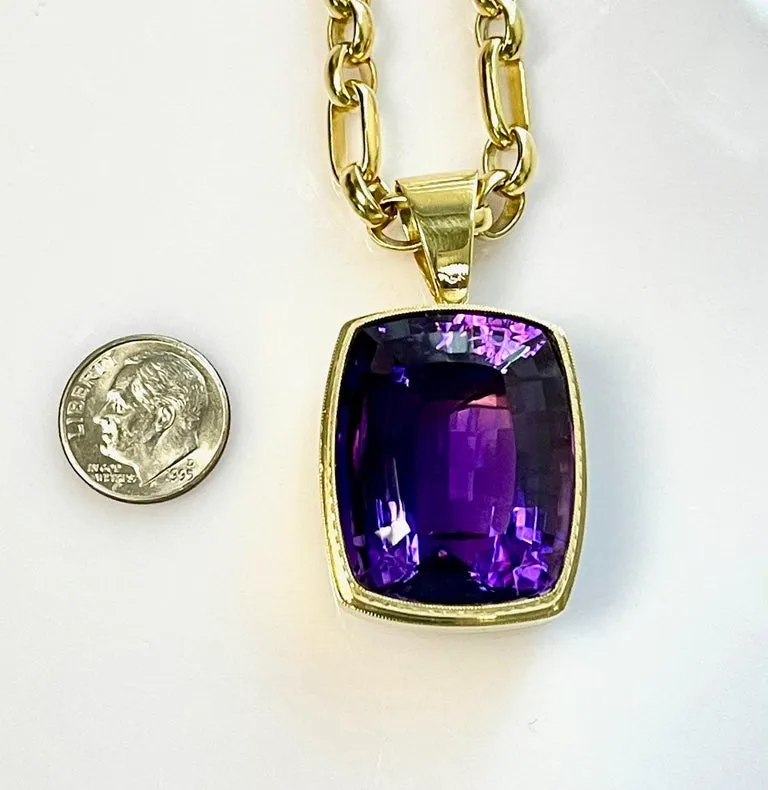 77 Carat Amethyst and 18k Yellow Gold Handmade Pendant