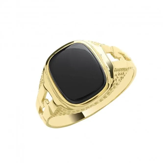 9ct Yellow Gold Mens Cush Black Onyx Curb Sides Signet Ring RN607