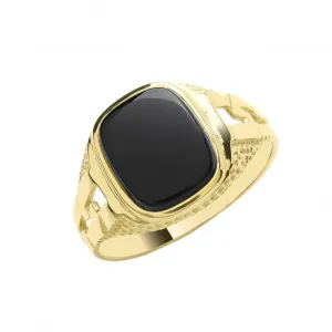 9ct Yellow Gold Mens Cush Black Onyx Curb Sides Signet Ring RN607