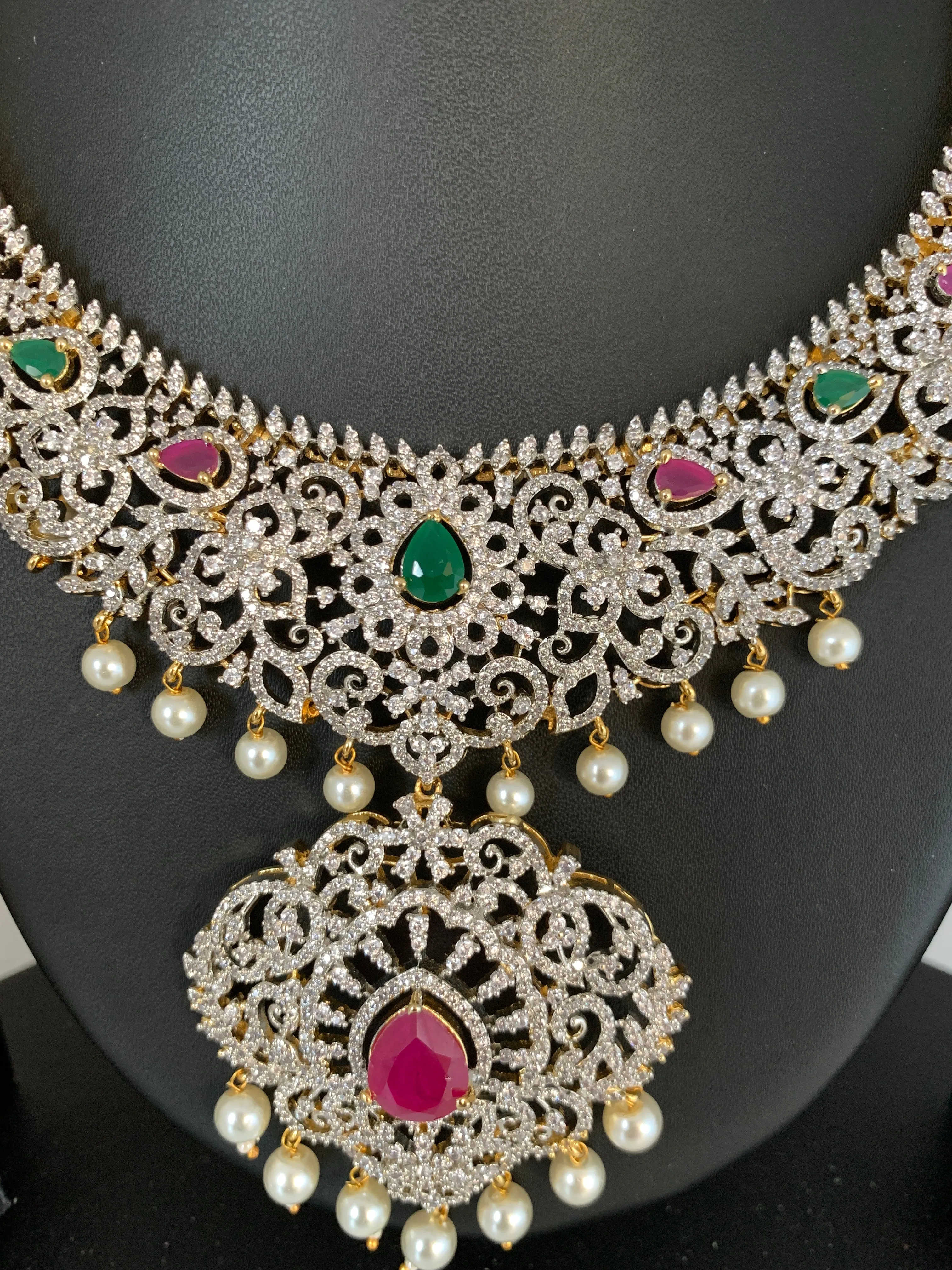 AD Red Green Multi Stone Short Necklace